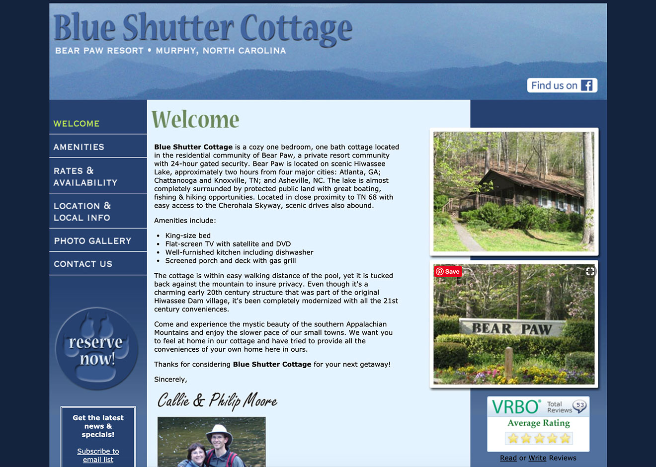 Screenshot of Blue Shutter Cottage website home page