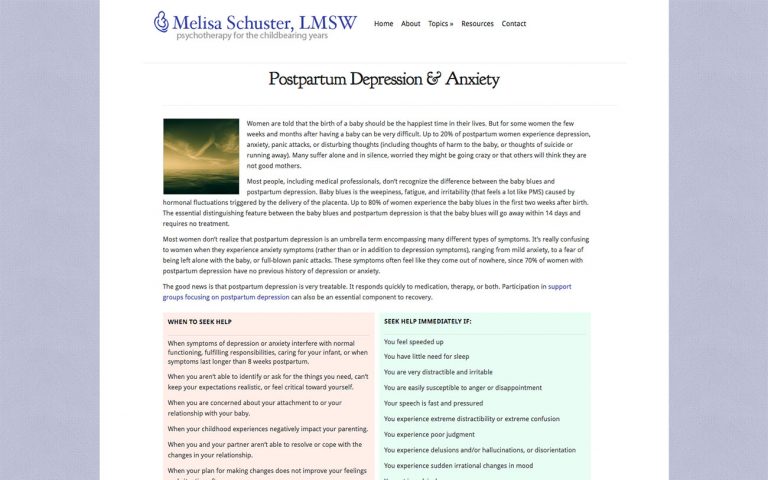 Screenshot of Postpartum Depression page on Melisa Schuster website