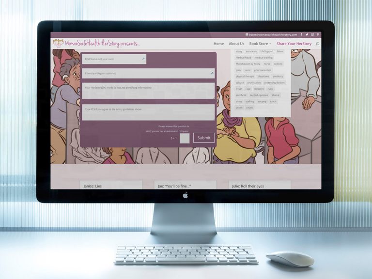 Share Your HerStory page on WomanSafeHealth Herstory website shown on an iMac