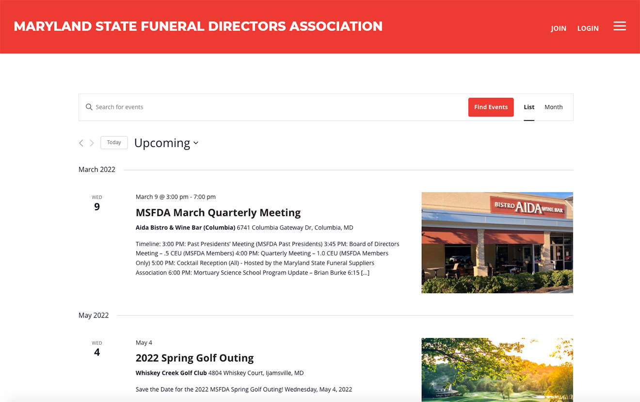 Maryland State Funeral Directors Association website events page