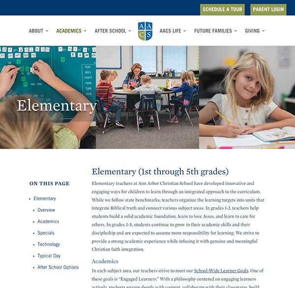 Ann Arbor Christian School redesigned Elementary web page