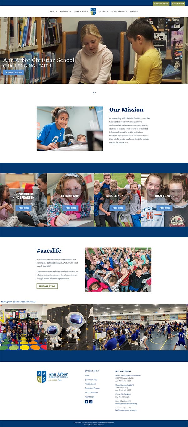Ann Arbor Christian School website redesign home page